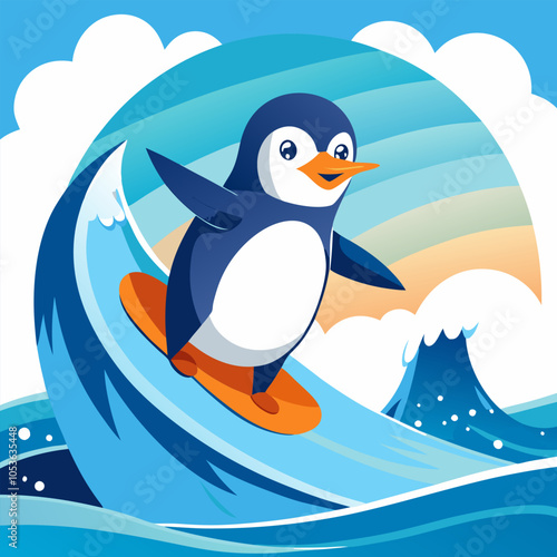 A cute penguin cartoon character riding a surfboard on a wave, perfect for kids' illustrations, beach-themed designs, or adding a playful touch to your projects.