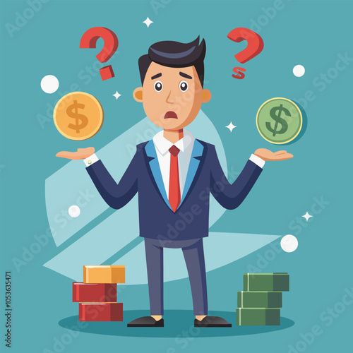 A confused businessman with question marks above his head is faced with a difficult decision. He holds two stacks of money in his hands, representing different financial options.