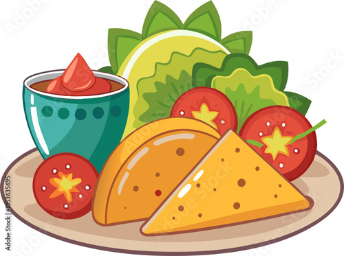 A colorful illustration of a delicious-looking meal featuring two golden-brown quesadillas, a side of fresh tomatoes and lettuce, and a small bowl of red sauce.