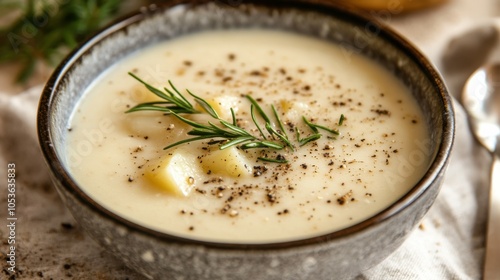 Warm bowl of creamy potato soup photo