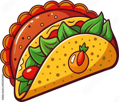 A colorful cartoon illustration of a delicious taco with lettuce, tomatoes, and cheese. Perfect for restaurant menus, food blogs, or any project that needs a fun and tasty touch.