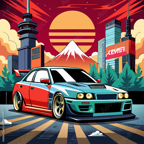 A vibrant illustration featuring a sleek, customized car parked against a backdrop of a cityscape and a majestic mountain. The setting sun adds a warm glow to the scene.
