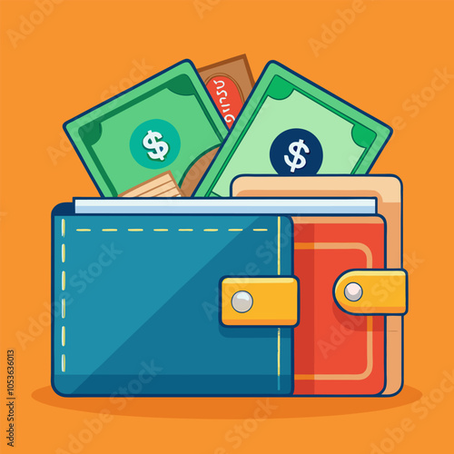 A simple yet detailed illustration of a wallet with cash and cards, perfect for representing financial concepts, money management, or personal finance in a visually appealing way.