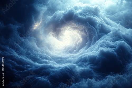 A swirling vortex of clouds creates a tunnel of light in the sky.