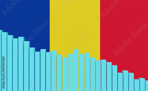 Romania, sinking bar chart with Romanian flag. Weak economy, recession. Negative development of GDP, jobs, productivity, real estate prices, retail sales or falling industrial production. photo