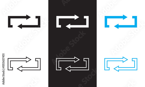 Square cyclic rotation arrow icon.  Outline and Filled Vector Sign. Navigation concept arrow sign. isolated on white and black background. Vector illustration. EPS 10     