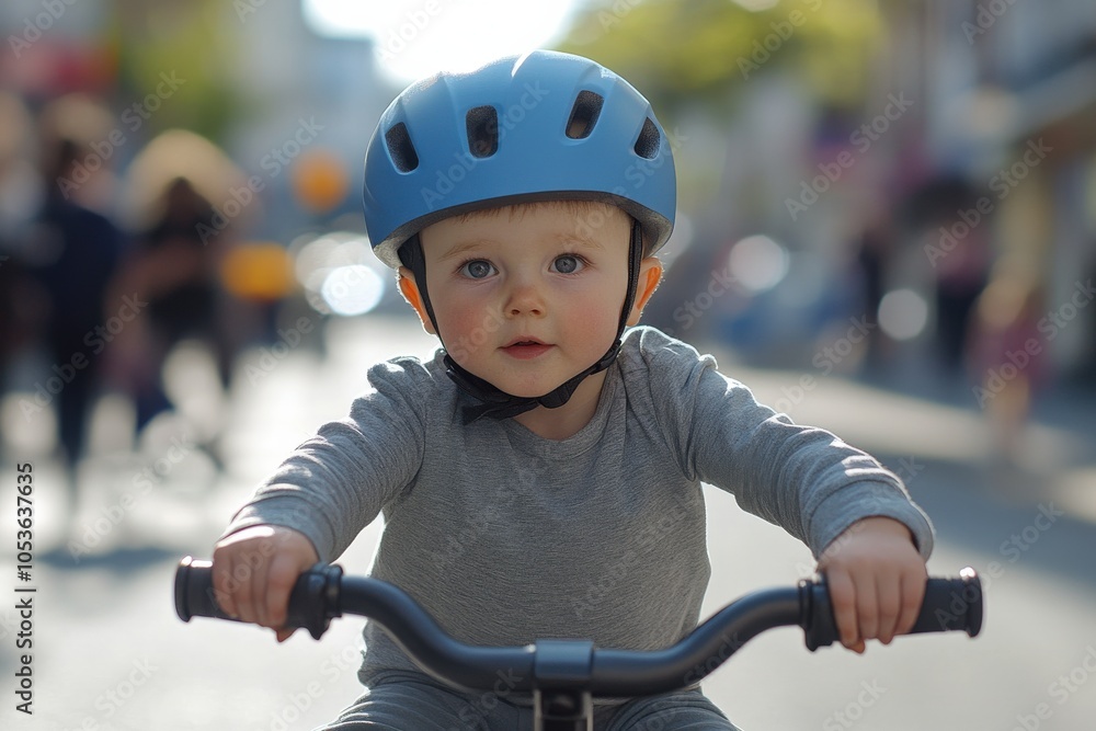 Obraz premium Balance Bike: Active Baby Boy Riding Blue Helmet on Street Background