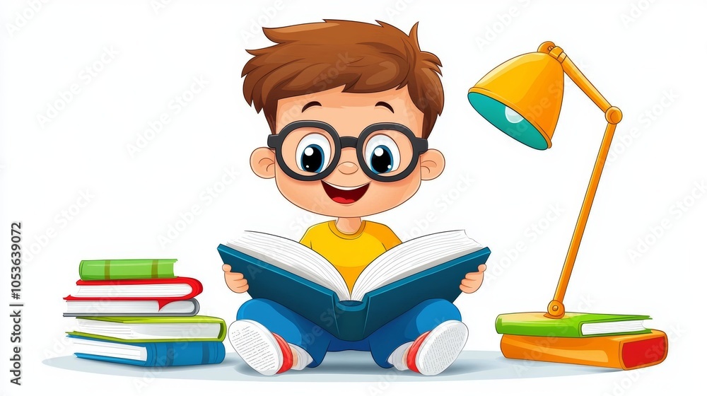 Happy Boy Reading Book with Desk Lamp and Stack of Books Happy Boy Reading Book with Desk Lamp and Stack of Books