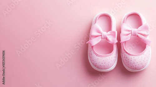 Pink baby shoes on a solid pink background with copy space