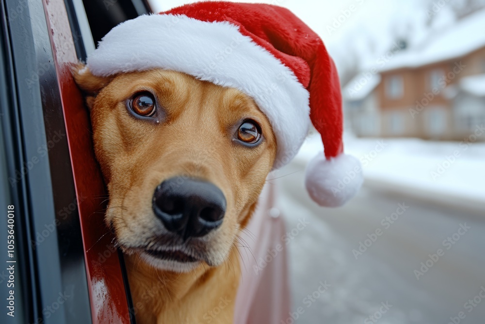 Dog wearing a Santa hat is standing in front of a red car. The dog is smiling and he is happy. On a snowy day, A dog wearing a Santa hat emerges from the door of a moving car
