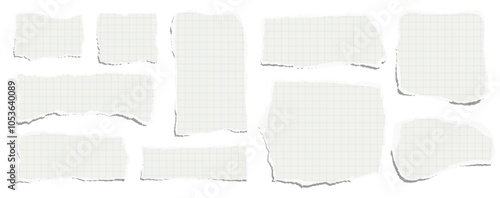Elongated horizontal set of torn pieces of checkered paper isolated on a white background. Paper collage. Vector illustration.