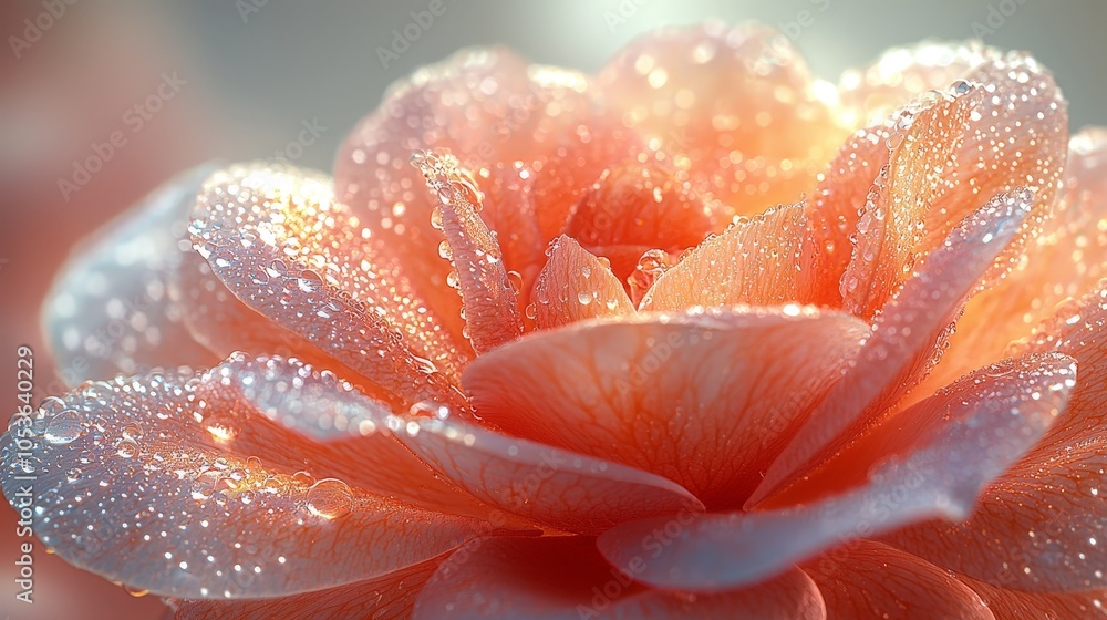 A close-up of a dew-covered peach rose, showcasing its delicate petals and vibrant colors. A close-up of a dew-covered peach rose, showcasing its delicate petals and vibrant colors.