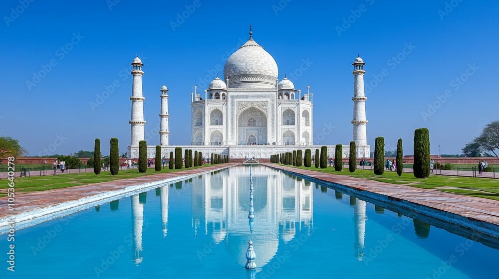 Obraz premium Taj Mahal Reflection in Pool Indian Architecture Agra Landmark White Marble Travel Destination