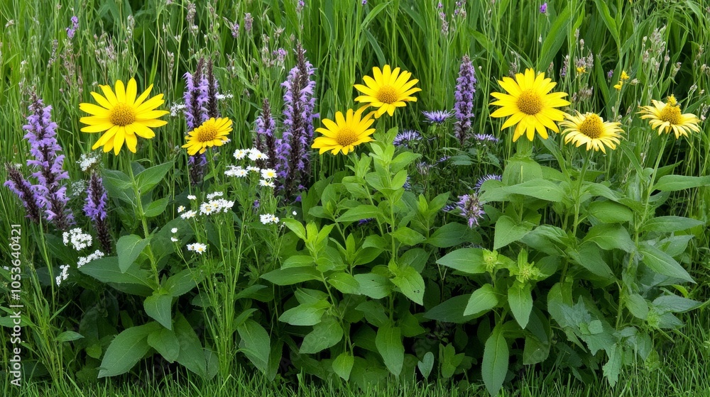Obraz premium Yellow Wildflowers Blooming in Summer Meadow with Green Grass and Purple Flowers