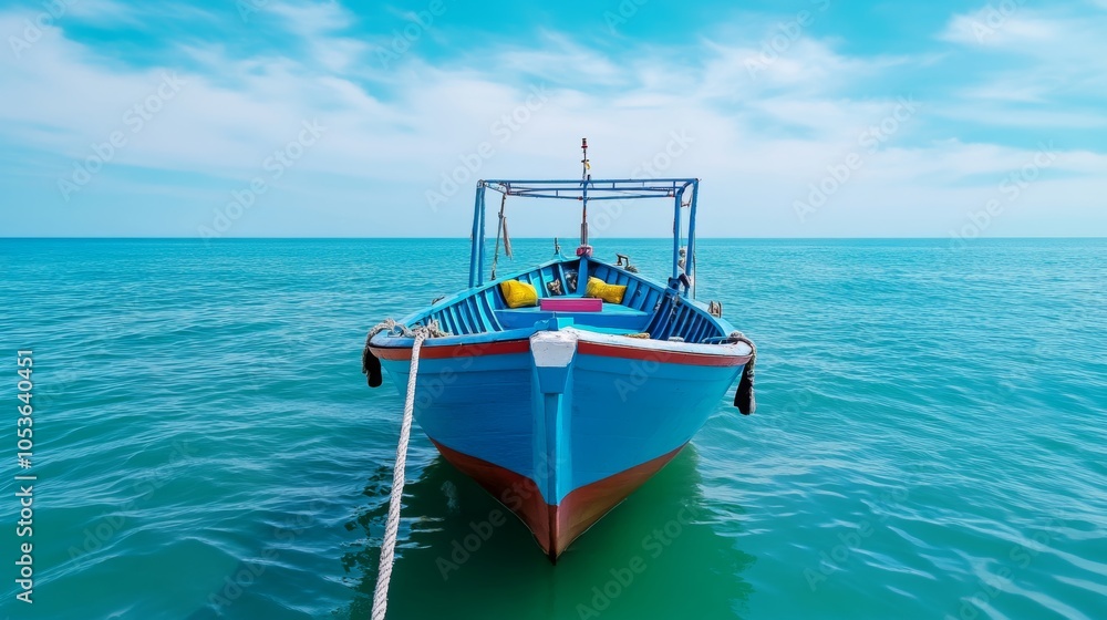 Obraz premium Blue Boat Moored in Calm Turquoise Ocean Water Under a Sunny Sky