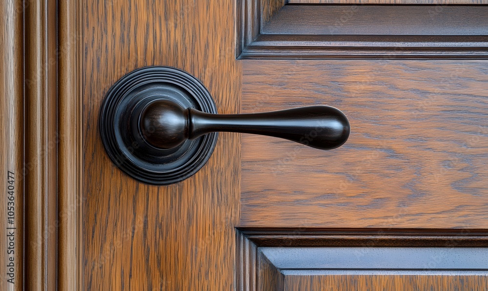 Obraz premium stylish dark door handle on a light-colored wooden door, Generative AI