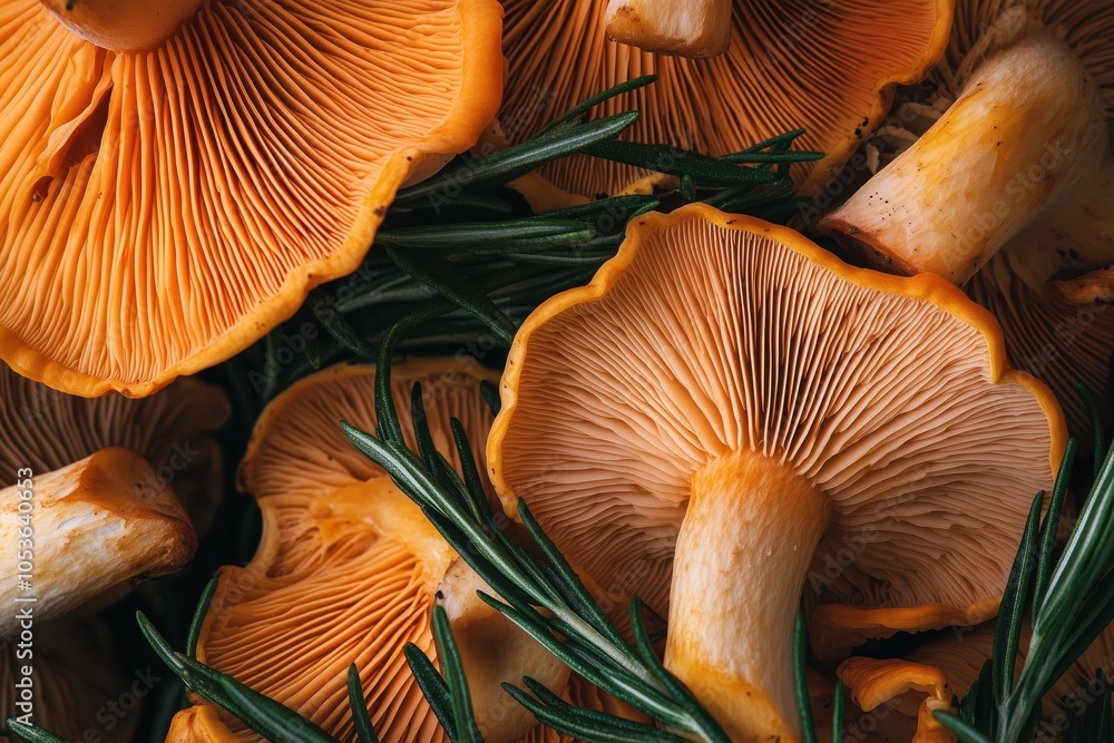 Close-up of fresh orange wild mushrooms with sprigs of rosemary Close-up of fresh orange wild mushrooms with sprigs of rosemary