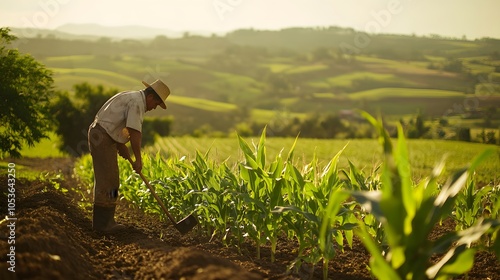 Farmer hoeing corn field from weed. 