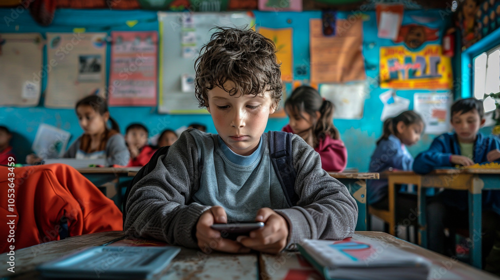 A young student deeply focused on using a smartphone in a vibrant classroom setting, surrounded by classmates engaged in learning, highlighting digital engagement A young student deeply focused on using a smartphone in a vibrant classroom setting, surrounded by classmates engaged in learning, highlighting digital engagement