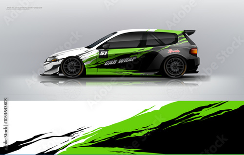Racing Car branding with racing wrap decal or livery design grunge green. Abstract racing graphic green with backround. Editable vector templates