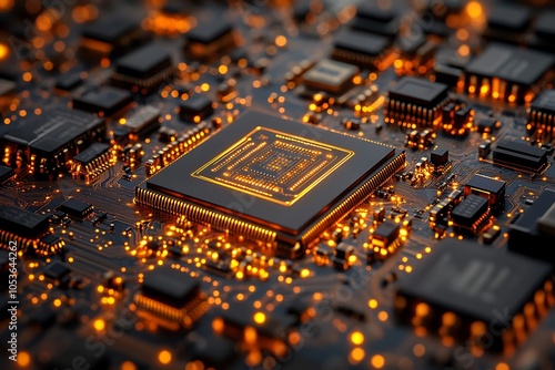 Close-up of a futuristic circuit board with glowing processor.