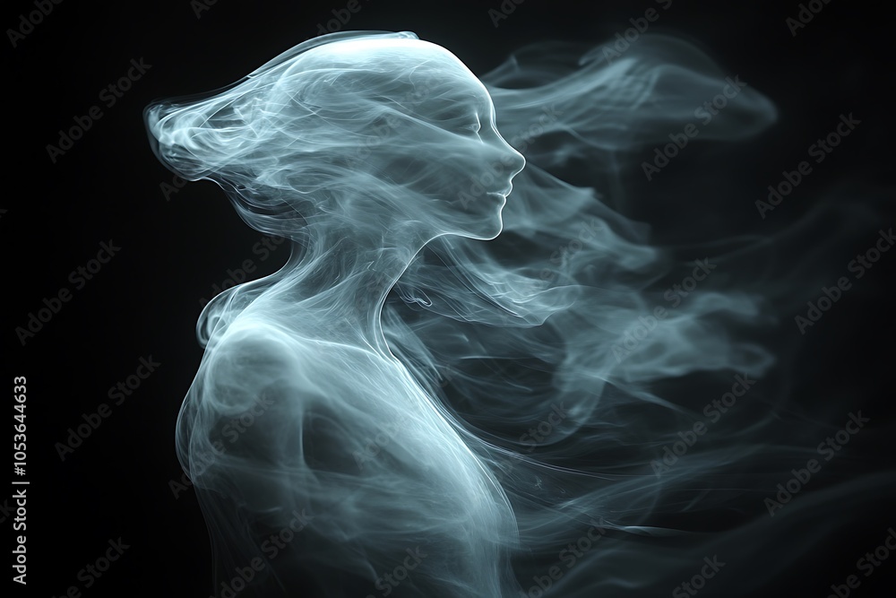 An ethereal woman formed from swirling smoke against a dark backdrop. An ethereal woman formed from swirling smoke against a dark backdrop.