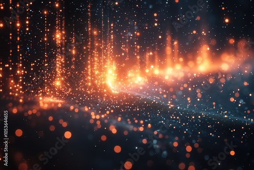 Abstract background with glowing particles and bokeh lights.