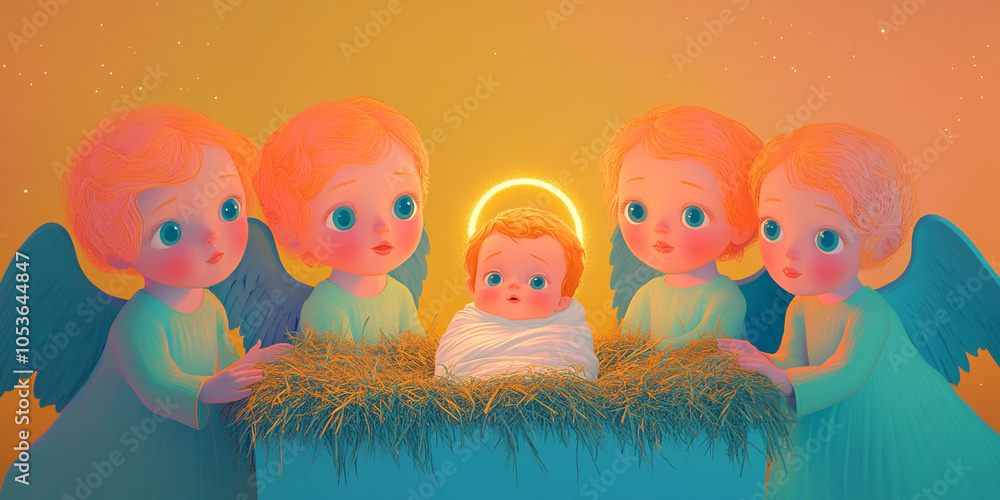 Christmas. Nativity Scene: baby Jesus Christ and angels around. Christian Religious Illustration, Background, Banner Christmas. Nativity Scene: baby Jesus Christ and angels around. Christian Religious Illustration, Background, Banner