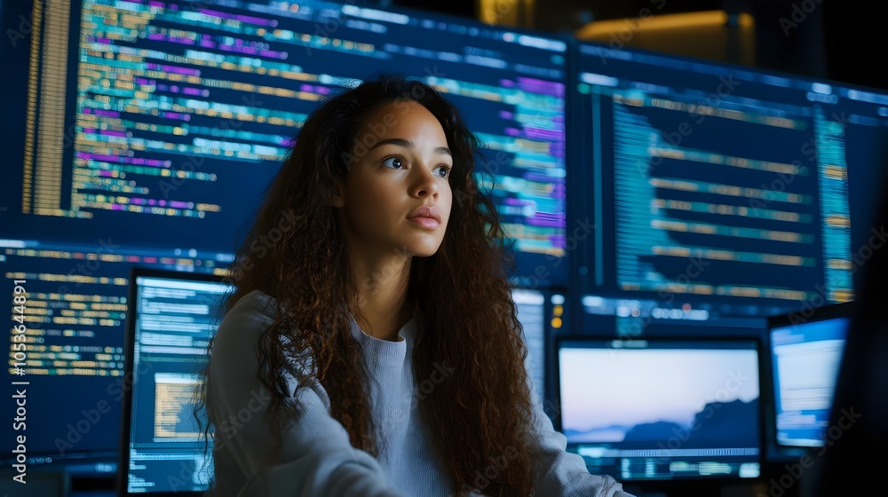 Close-up Portrait of a Focused and Determined Female Programmer Working in a Monitoring Room Surrounded by Multiple Screens Displaying Lines of Programming Language Code. Close-up Portrait of a Focused and Determined Female Programmer Working in a Monitoring Room Surrounded by Multiple Screens Displaying Lines of Programming Language Code.