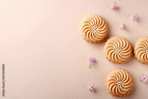 Delicate floral cookies arranged beautifully on a soft pastel background, showcasing intricate designs and natural touches photo