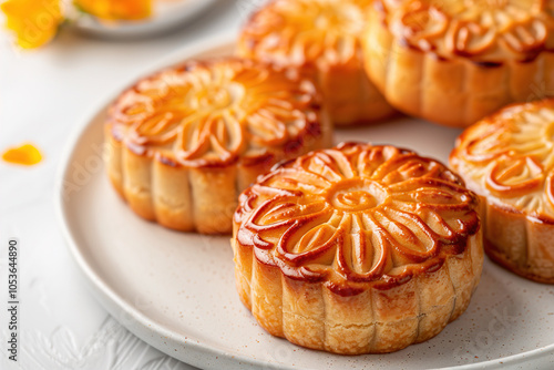 Traditional mooncakes displayed on a white plate with floral designs, perfect for celebrating the Mid-Autumn Festival