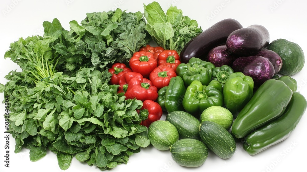 A selection of fresh vegetables, fruits, and supermarket staples, laid out on a white background for grocery concepts. A selection of fresh vegetables, fruits, and supermarket staples, laid out on a white background for grocery concepts.
