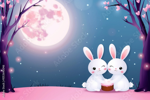 Two cute rabbits share a cupcake under a full moon surrounded by blooming trees at night in a whimsical landscape photo