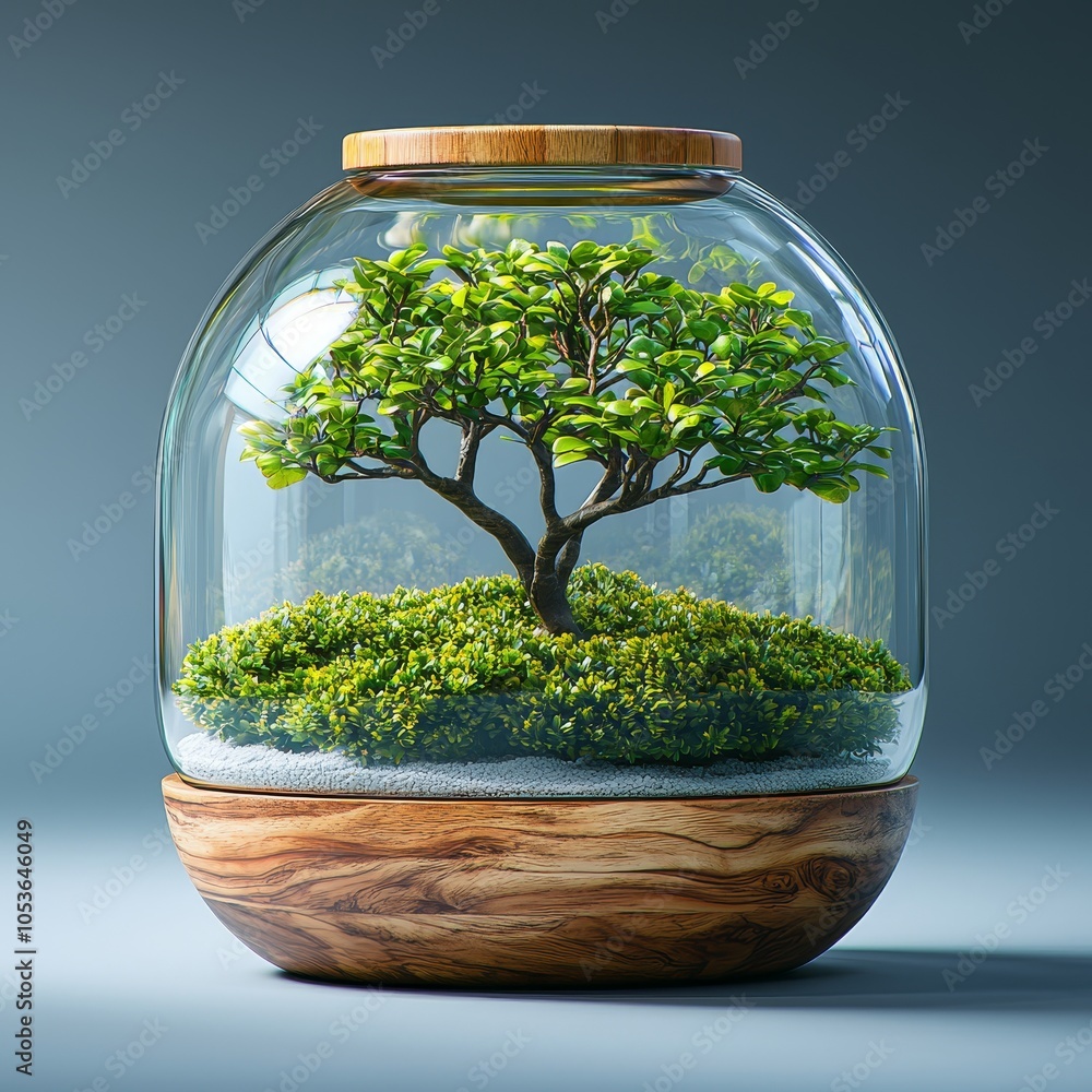 Elegant bonsai tree in glass terrarium on wooden base: a zen garden masterpiece Elegant bonsai tree in glass terrarium on wooden base: a zen garden masterpiece