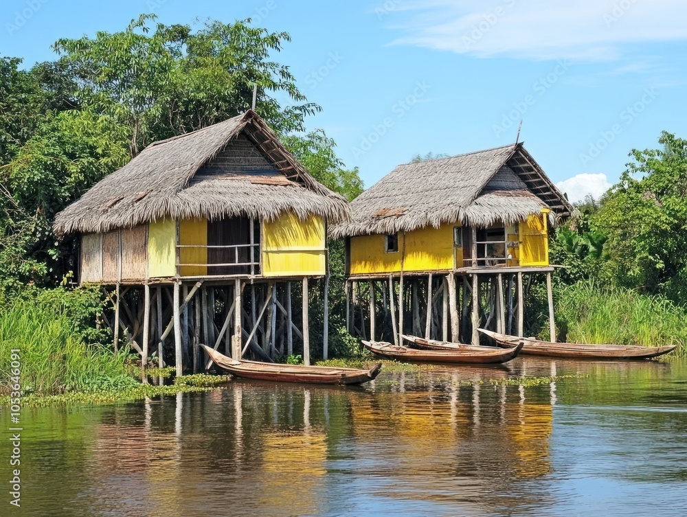 Two stilt houses with thatched roofs by a river, surrounded by lush greenery. Two stilt houses with thatched roofs by a river, surrounded by lush greenery.