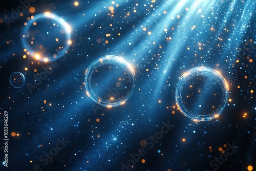 Abstract blue and gold glowing circles with light rays and bokeh on dark background.