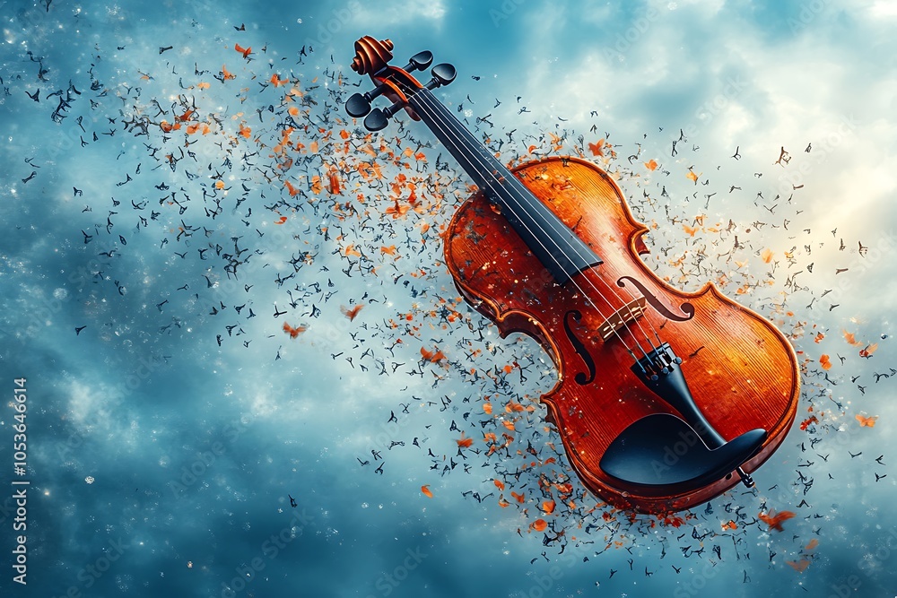 Fototapeta premium A violin soars through a sky filled with butterflies.