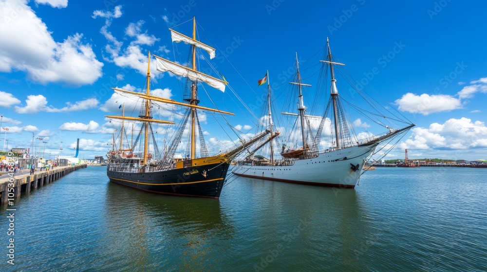Tall Ships Docked at Harbor on Sunny Day with Blue Sky and White Clouds Tall Ships Docked at Harbor on Sunny Day with Blue Sky and White Clouds