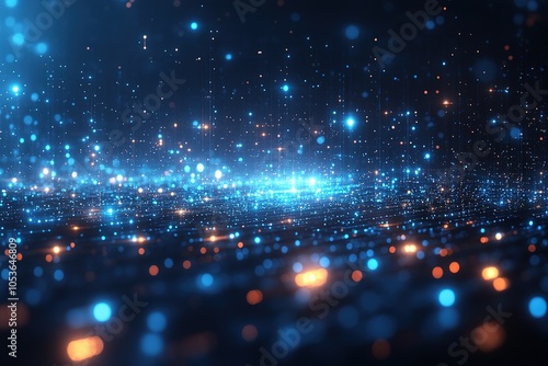 Abstract blue and orange glowing particles on a dark background.