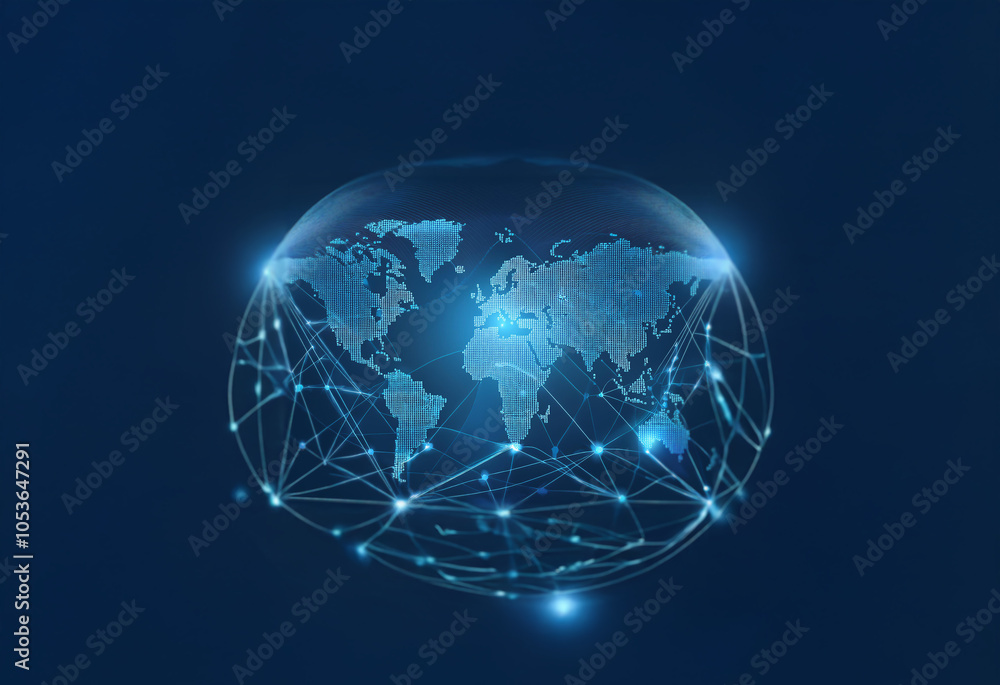 Fototapeta premium A stylized, glowing blue globe with a world map and interconnected lines representing global connectivity.