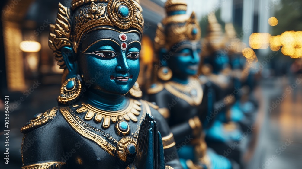 Fototapeta premium Blue Hindu God Statues with Golden Accents in Row Indian Deity Sculpture Religious Art