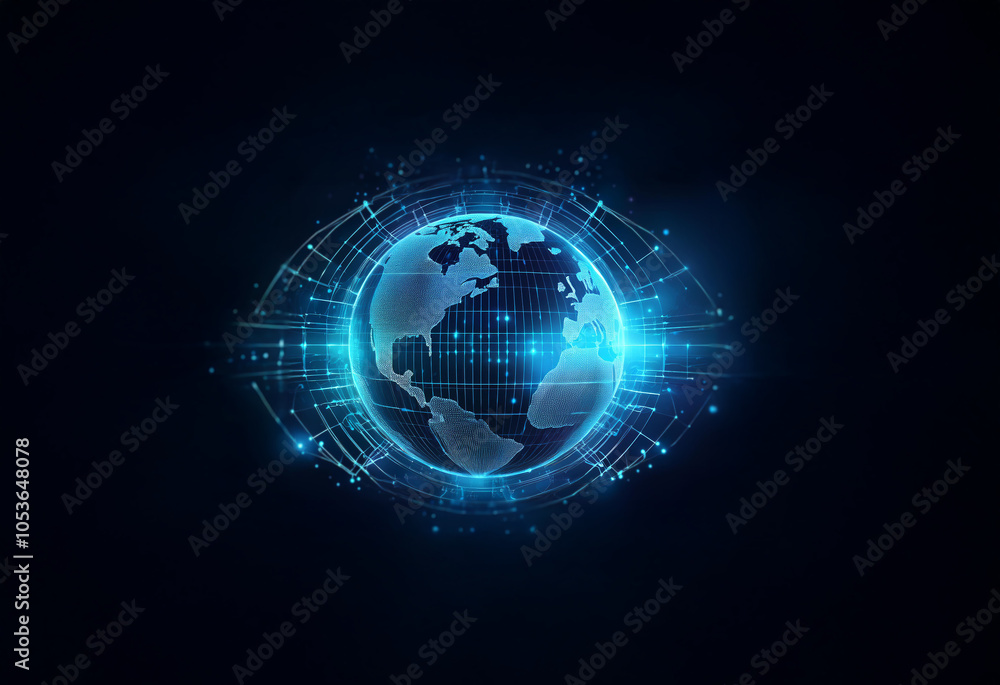 A glowing blue digital globe with a futuristic design on a dark background. A glowing blue digital globe with a futuristic design on a dark background.