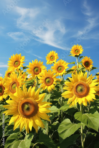 A field of yellow sunflowers with a blue sky in the background