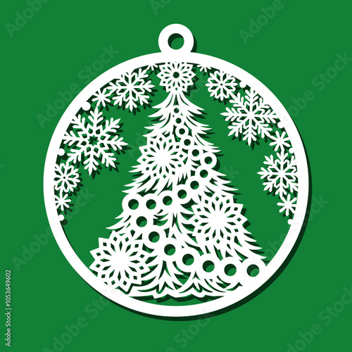 Christmas ball with fir tree, snowflakes, stars. Round hanging holiday decoration. Cute template for plotter laser cutting of paper, fretwork, wood carving, metal engraving, cnc. Vector illustration.