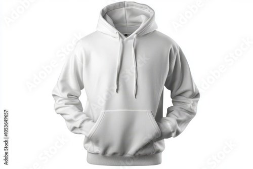 Classic white hoodie with front pocket and drawstring on white background photo