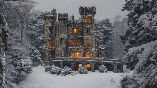 Snowy Gothic Castle at Twilight with Warm Illuminated Windows photo