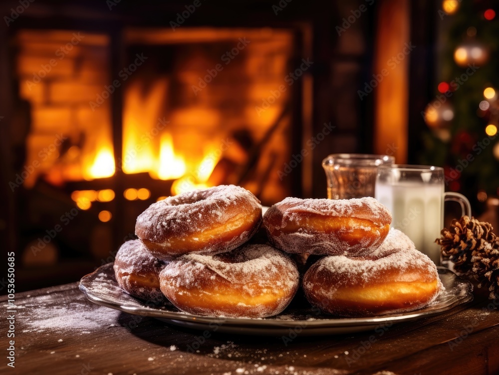 Rustic Table with Glazed Donuts in Cozy Christmas Room Decor with Festive Fireplace Setting Rustic Table with Glazed Donuts in Cozy Christmas Room Decor with Festive Fireplace Setting