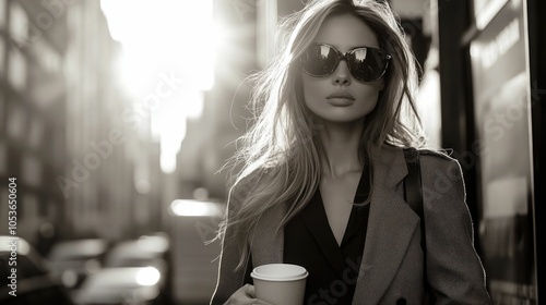 Stylish and confident young woman carrying a cup of coffee walking through a busy monochrome cityscape filled with modern architecture cars and pedestrians photo