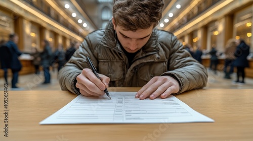 A young man signing a document at a table