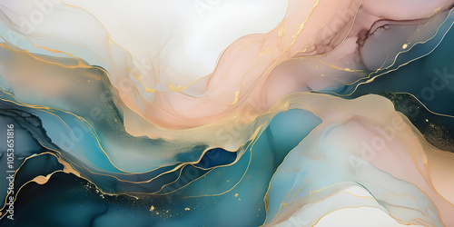 Abstract rose blush liquid watercolor background with golden lines, dots and stains. Pastel marble alcohol ink drawing effect.  design template for wedding invitation.